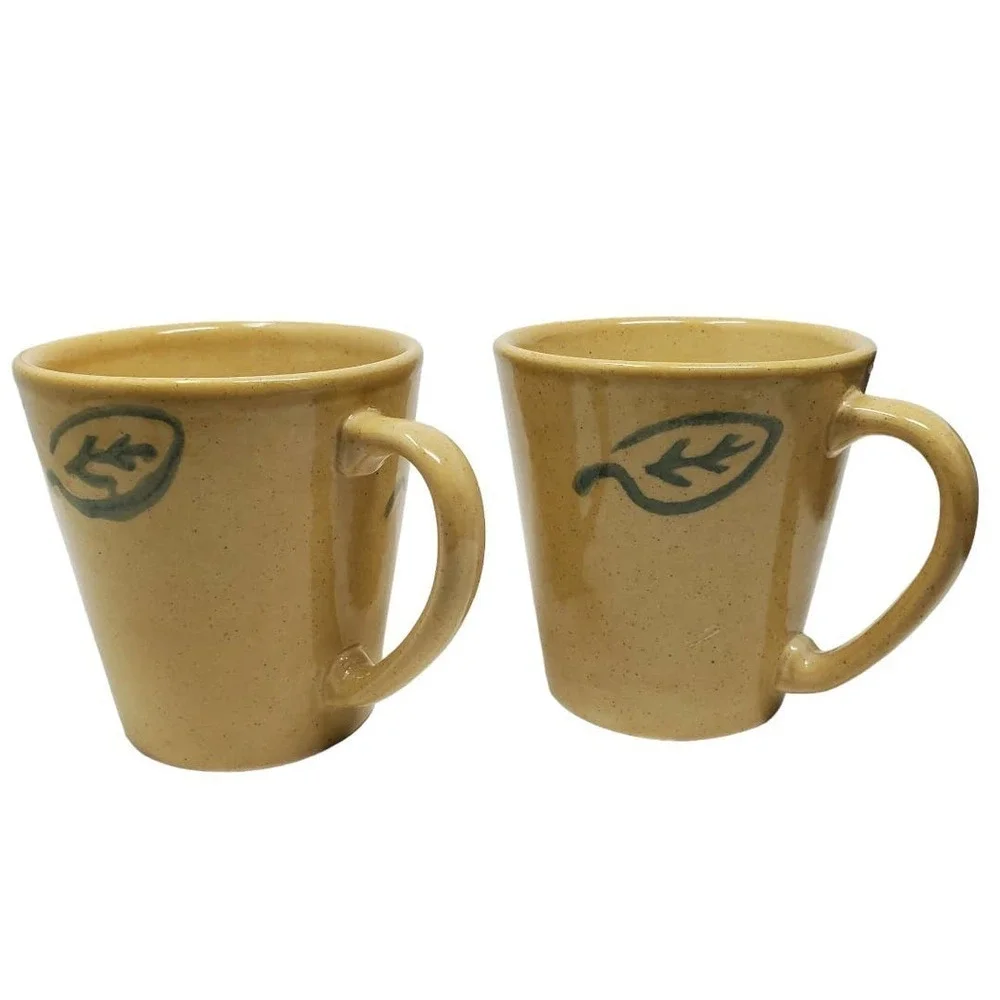 Pier 1 Import Handpainted Earthenware Italia Leaf Mugs Rustic Cup Lot of 2